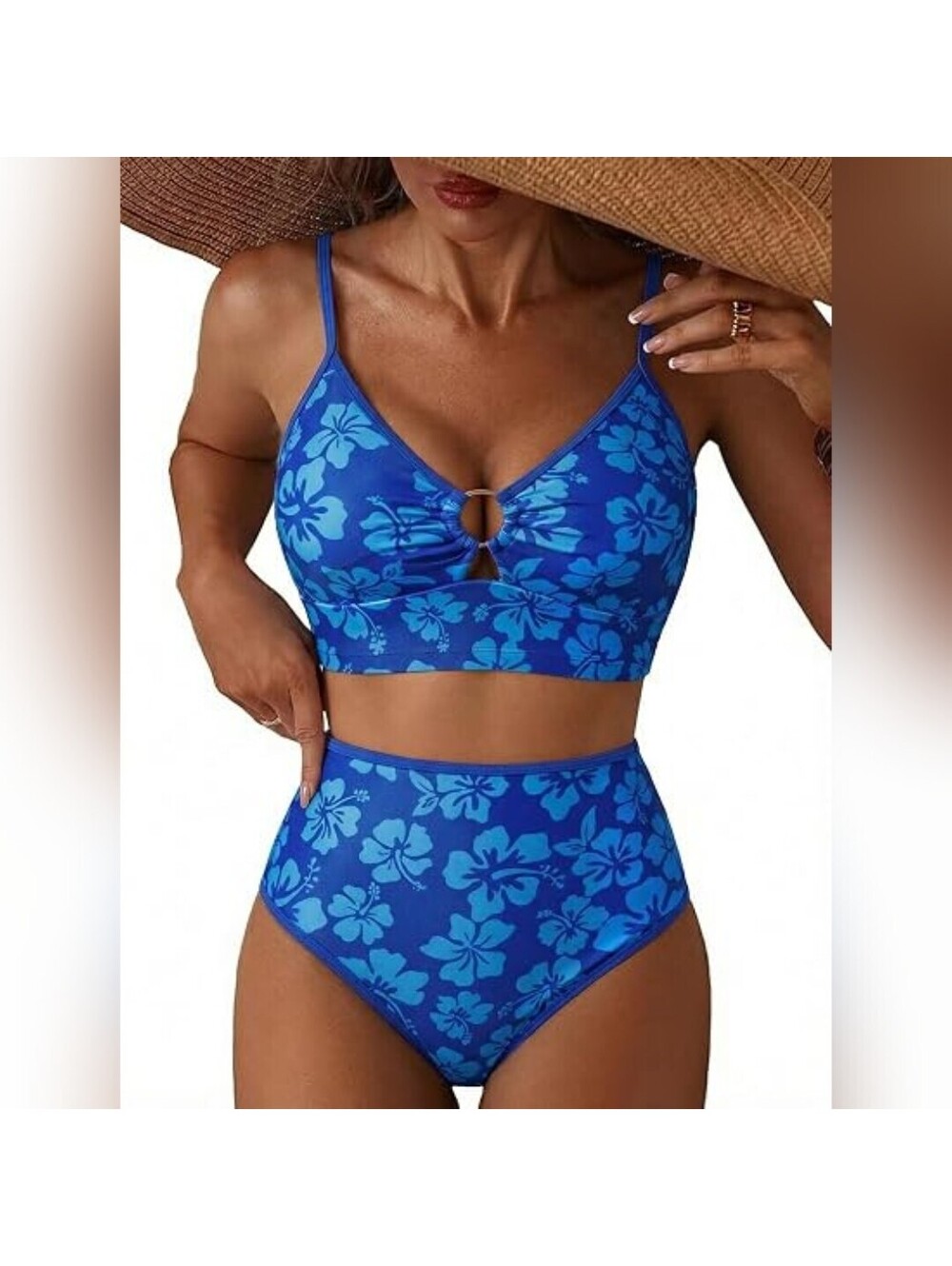 NWOT Herseas Two Piece O Ring High Waisted Floral Print Swimsuit, L (12-14)